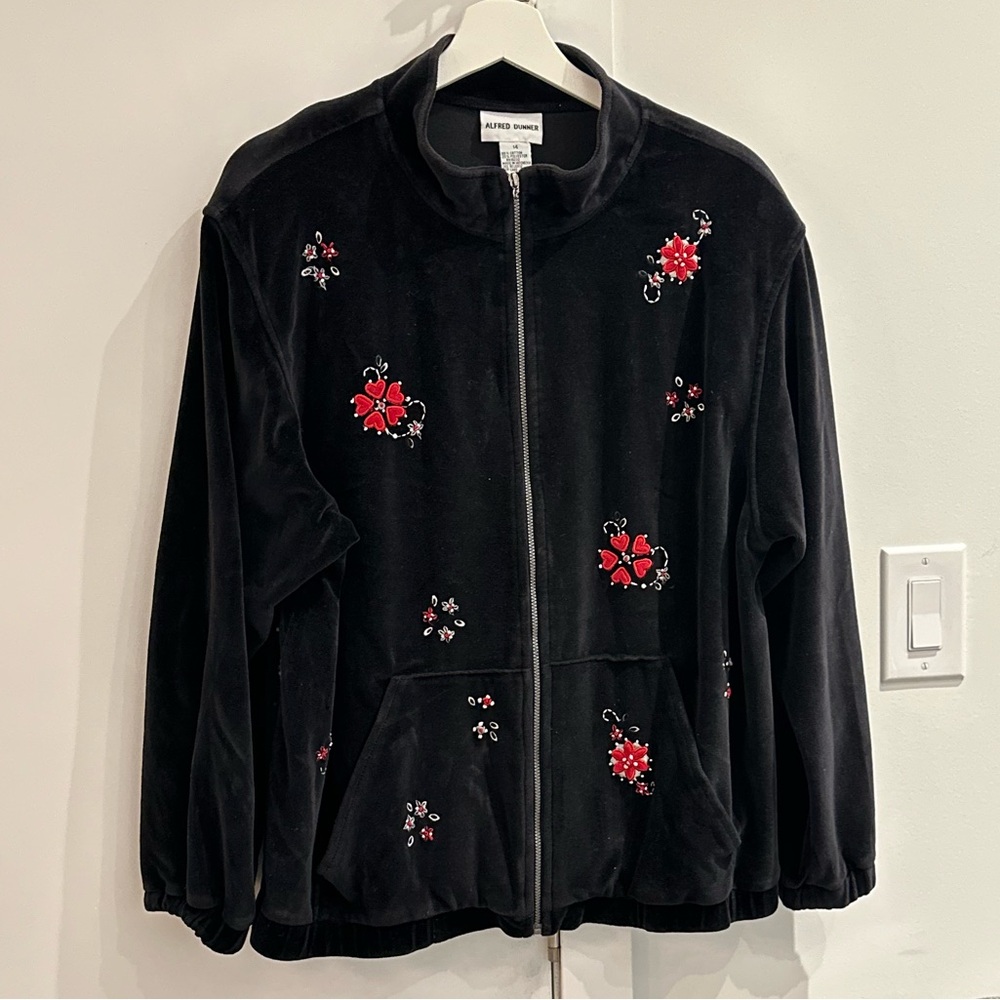Vintage Alfred Dunner Floral Embroidered‎ Velvet Zip Jacket Size 14
